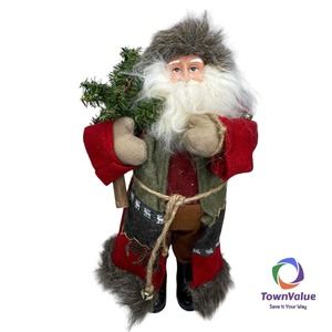 Vtg 15" Victorian St. Nick Brown Fur Lined Quilted Robe Holding a Christmas Tree